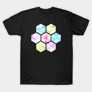 Marble Hexagon | Blue Pink Green Purple | Black Background T-Shirt